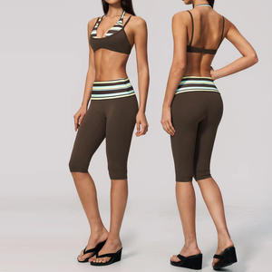 Women's Casual Striped Strapless Short Two Piece Sports Set Sleeveless Halter <b>Crop</b> High Waist Capri <b>Leggings</b> Breathable - Product Image 1