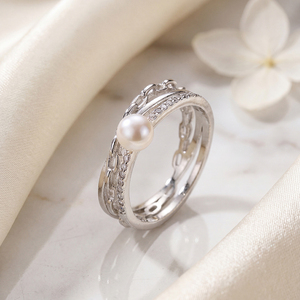 Anillo de Perlas de Agua Dulce con Cadena de Cobre y Doble Banda, Incrustaciones de Circonita Cúbica, Joyería de Perlas Apilables para Mujer, Regalo de Moda - Product Image 4