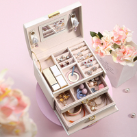 Boîte à bijoux organisateur de voyage en cuir rose avec 3 tiroirs coulissants, miroir et serrure