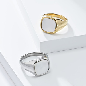 yunnique minimalist luxury style simple square stamp inlaid with seashell <b>titanium</b> steel <b>ring</b>, an Instagram-worthy - Product Image 1