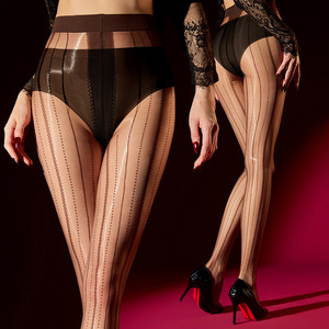 Little Matchmaker - Bas noirs rayés bicolores en jacquard, antibactériens, sexy, amincissants, soyeux, fins, mi-cuisses, Aurora - Product Image 1