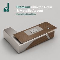 Bureau de direction moderne haut de gamme Chevron en placage de bois en forme de V avec incrustation métallique, boîte à câbles rotative, rangement latéral, écologique