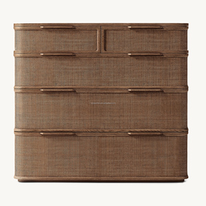 Commode haute Japandi premium à 5 tiroirs en chêne massif et <span class=keywords><strong>rotin</strong></span>, commode verticale peu encombrante, <span class=keywords><strong>chiffonier</strong></span> architectural à profil incurvé - Product Image 4