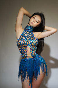 Conjunto de 2 piezas de falda con borlas y corsé de diamantes de imitación de lentejuelas para mujer, puesta en escena, Gogo Dancer Wear Show Club, <span class=keywords><strong>disfraz</strong></span> de <span class=keywords><strong>fiesta</strong></span> de Carnaval - Product Image 6