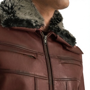 <b>Men's</b> <b>Brown</b> <b>Leather</b> Bomber <b>Jacket</b> with Turn-down Collar Zipper Closure Windproof Winter Outerwear Regular Fit Front Logo - Product Image 6