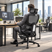 Chaise de bureau pivotante noire moderne et confortable en tissu maillé, dossier haut ergonomique avec repose-pieds