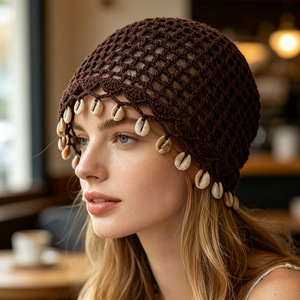 <span class=keywords><strong>Bonnet</strong></span> tendance en coton à bout fermé, design <span class=keywords><strong>fin</strong></span>, ajouré, crocheté à la main, avec pendentif coquillage, pour <span class=keywords><strong>femme</strong></span>, printemps-automne, modèle transfrontalier - Product Image 3