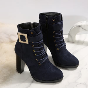 Bottines d'hiver pour femme en coton <span class=keywords><strong>bleu</strong></span> <span class=keywords><strong>marine</strong></span> à bout pointu, talon épais, à lacets, avec boucle, antidérapantes, soutien de la voûte plantaire, style habillé - Product Image 3