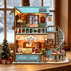 Kit de maison miniature DIY, maison de <span class=keywords><strong>café</strong></span> française, maison de poupée, puzzle en bois 3D, coin lecture, serre-livres, meubles miniatures, miniatures de maison de poupée - Product Image 1