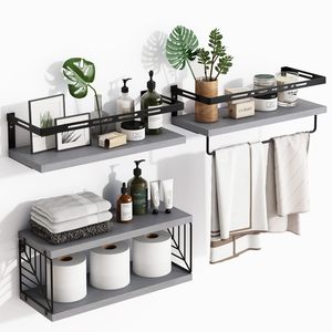 Ensemble de 3 étagères murales rustiques en <span class=keywords><strong>bois</strong></span> avec cadre métallique <span class=keywords><strong>et</strong></span> barre porte-serviettes pour salle de bain, <span class=keywords><strong>cuisine</strong></span>, chambre <span class=keywords><strong>et</strong></span> salon - Product Image 2