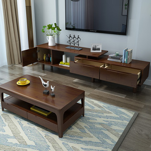 Ensemble de salon extensible en bois massif nordique, meuble TV et table basse, couleur bois naturel blanc - Product Image 4