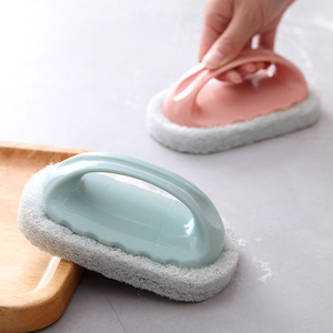 Nordic Style Kitchen <b>Sponge</b> Brush With <b>Handle</b> Multi Functional Solid Color Bathtub Stovetop Cleaner Pink Green Blue - Product Image 2