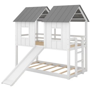 Cama doble de madera personalizada para niños, diseños de casa, litera para niños, cama de madera de color claro para niños, cama de madera con tobogán - Product Image 1