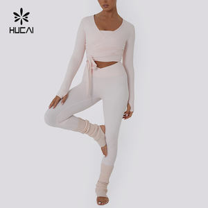 HUCAI özel Spandex Slim Fit seksi düğüm çapraz ön v yaka spor Tee Yoga kırpma üst uzun kollu egzersiz kadınlar spor t shirt - Product Image 2