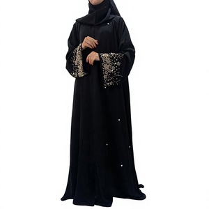 Luxury Breathable Handmade Black Beaded Polyester Abaya <b>Long</b> Sleeve Floor Length Elegant Modest <b>Dress</b> <b>for</b> Women <b>Eid</b> Prayer Wear - Product Image 2