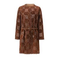 Manteau en cuir suédé véritable en peau de mouton, motif floral tendance, trench-coat en cuir ajouré pour femme avec ceinture