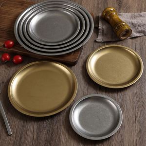Korean Style Vintage Design Stainless Steel <b>Steak</b> Dessert <b>Plate</b> Round Shaped Gold Metal Salad Fruit Snack <b>Plate</b> - Product Image 1