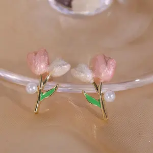 925 argent aiguille rose émail tulipe fleur boucles d'oreilles pour les femmes élégant à la mode perle boucles d'oreilles été fête accessoires