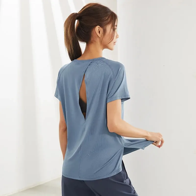 Magliette estive personalizzate a manica corta con spacco laterale maglietta da donna Fitness Yoga magliette posteriori vuote palestra abbigliamento sportivo top