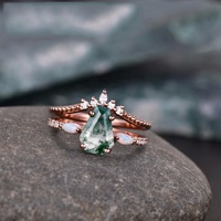 Conjunto de anillo de compromiso de ágata de musgo verde en forma de ataúd, conjunto de anillo nupcial de ágata de musgo de Plata de Ley 925, anillo de ágata de musgo y ópalo