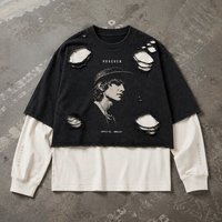 T-shirt à manches longues pour homme, design deux pièces, 360 GSM, 100% coton, effet délavé, impression DTG, étiquette privée OEM