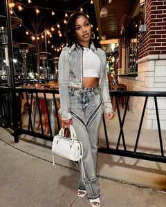 C2273 sıcak satış yeni gelenler örgü seksi streç yıkanmış fermuar Denim ceket kot 2 parça Set - Product Image 5