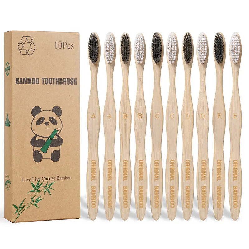 Verde Eco Friendly spazzolino a carbone di bambù spazzolino da denti per la custodia testina protettiva con 1 pezzo tubo naturale rotondo e Logo personalizzato