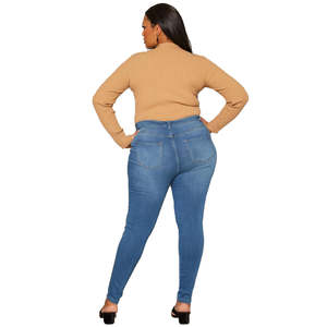 Free Shipping USA-Women's Plus <b>Size</b> Vintage Mid-Waist Skinny Fit <b>Jeans</b> Full-Length Washed Denim Blue Pants for Ladies - Product Image 6