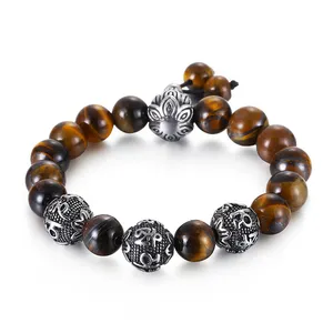 Stainless Steel Buddhist Six Word Mantra Tiger Eye Stone Bracelet, Lucky Wealthy Hand carved Six Syllable Mantra Stone Bracelet