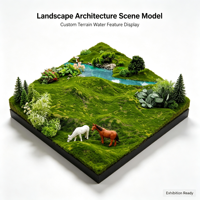 Modèle de paysage architectural personnalisé avec terrain, éléments aquatiques et figurines d'animaux