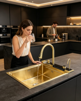 Évier de cuisine robuste en acier inoxydable 201 à cuve unique avec lumière d'ambiance numérique, style luxe américain, revêtement nano anti-taches