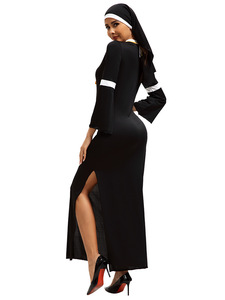 해피 파티 중세 수녀 코스프레 의상 여성을위한 검은 정장 할로윈 공연복을위한 모자와 목걸이 - Product Image 4