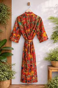 Bata Kimono de Algodón Estampada a Mano, Ropa de Dormir con Estampado de Bloques, Bata de Baño de Verano - Product Image 6