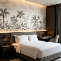 Papier peint mural tropical minimaliste gris avec palmiers, grande fresque végétale de la jungle pour chambre d'hôtel, restaurant, espace commercial
