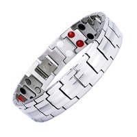 Bracelet de thérapie magnétique double rangée 4-en-1 pour homme en acier inoxydable 316L argenté, personnalisable avec logo, écologique et de haute qualité