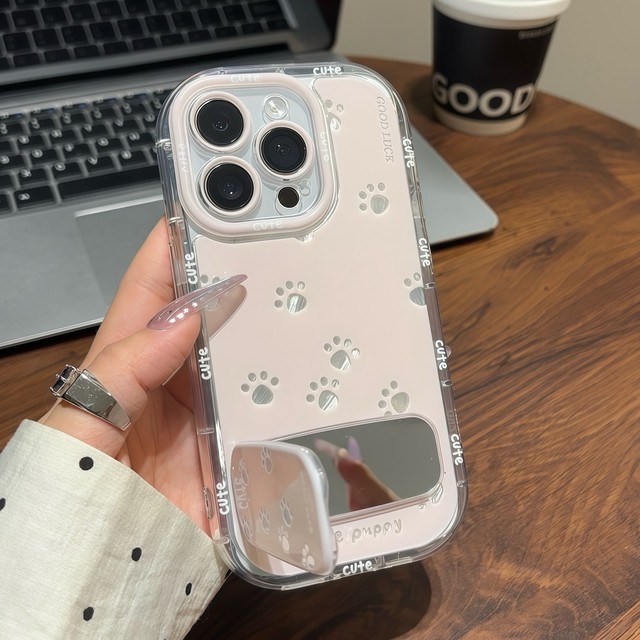 NEW Luxury Creative Cute Cat Paw Silver Wire Cream Mirror Phone Case for iPhone 16 15 13 12 11 Pro Max with Mirror Stand Cover