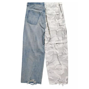 Jeans personnalisés à moitié camouflage à moitié denim, patchwork, jeans baggy, pantalon à taille élastique avec cordon de serrage, jeans baggy - Product Image 4