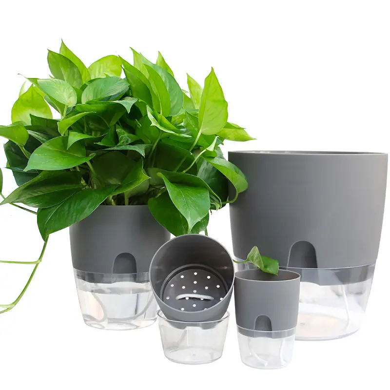 Transparent Double Layer Plastic Flower Pot Self Watering Flowerpot Cotton Rope Watering Plant Pot with Injection Port