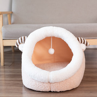 Nouveau Design Animal mignon lit molletonné pour animaux de compagnie avec boule suspendue jouets grotte pour chat amovible peluche douce coussin lit maison hiver belle solide