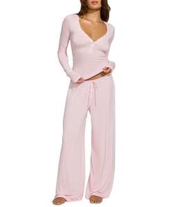 Yeni Gelen Sonbahar Düz Renk Günlük Rahat Şık Fitilli Örgü Takımlar Seksi Derin V Yaka Dar Üst Bol Paça Pantolon Kombinleri - Product Image 4