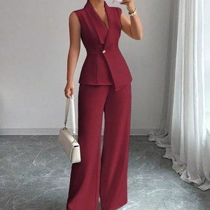 Ensemble 2 pièces formel pour <span class=keywords><strong>femme</strong></span>, uni, long, sans manches, gilet à col, pantalon droit, tricoté, pour le printemps, usage quotidien - Product Image 1