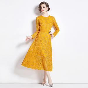 <span class=keywords><strong>Vestido</strong></span> de Encaje <span class=keywords><strong>amarillo</strong></span> de ganchillo calado con cuello redondo lavable natural sólido Midi elegante para mujer recién llegado - Product Image 2