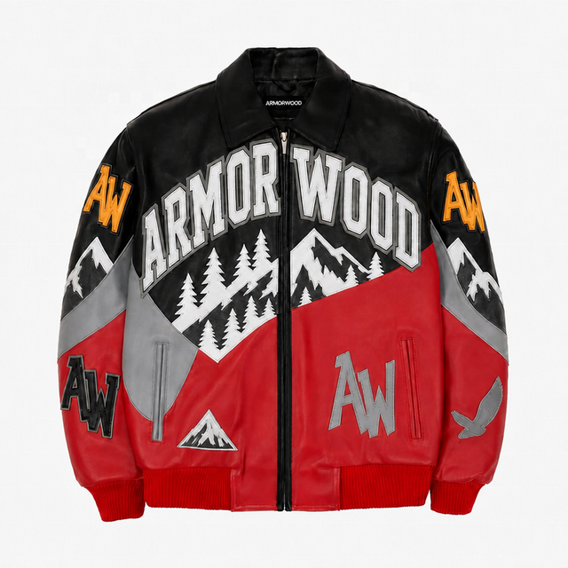 Custom Men's Lamb Leather Varsity Bomber Color Block Jacket with Applique Embroidery Genuine Leather Jackets Outwear OEM Support