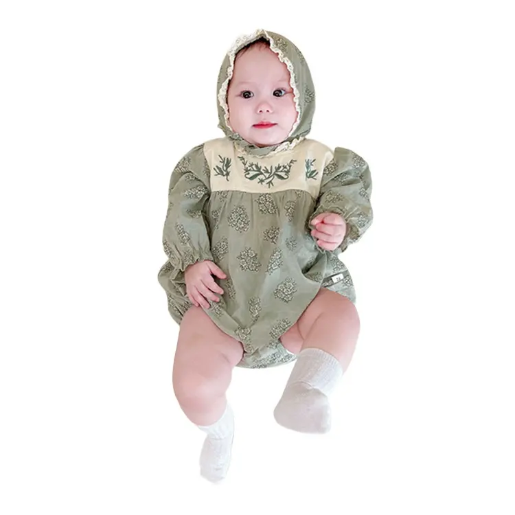 Bebê roupas outono roupas pequeno floral manga comprida macacão bebê menina bebê rendas rendas rendas rendas colar bordado saco nádegas clim
