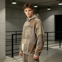 Sudadera con capucha de peso pesado con efecto desgastado por el sol, estampado de mapa topográfico, estilo vintage con costuras reparadas, tipo jersey urbano