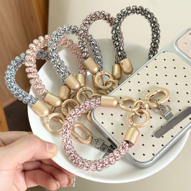 Leopard Print Coiled Phone Charm Wrist Strap Elastic Spiral Silicone Phone Lanyard with Crystal Beads Gold Clasp, Anti-Lost W