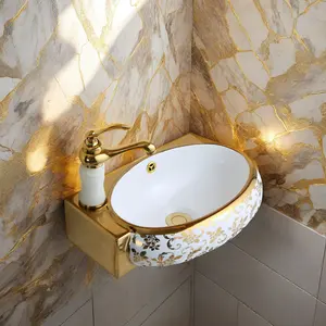 Fabrikdirekt klein Mini Gold-Wäsche Marmor-Wäsche Eckdesign Wandhängendes Becken für Hotels Appartments Villen