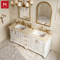 Meuble-lavabo double de luxe Happy Houses, style européen classique, en bois massif sculpté, avec dessus en marbre et incrustations dorées, idéal pour projets de villas