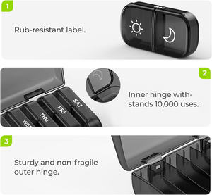 Boîte à pilules personnalisée avec logo, deux compartiments séparés, noire, distributeur de médicaments pour sept jours, boîtes à pilules en plastique pour médicaments - Product Image 3