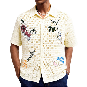 Men's Cotton Embroidered Floral <b>Short</b> <b>Sleeve</b> <b>Cardigan</b> Turn-down Collar Breathable Casual Men's Summer Wear Custom - Product Image 1
